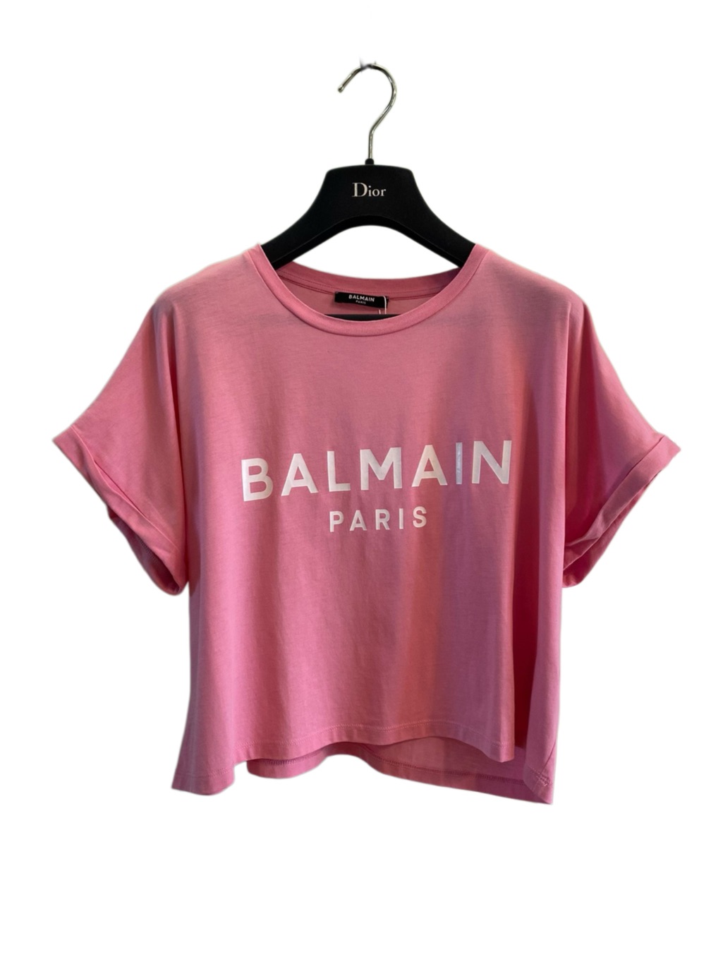 Steal Balmain Pink Logo Cropped Tee
